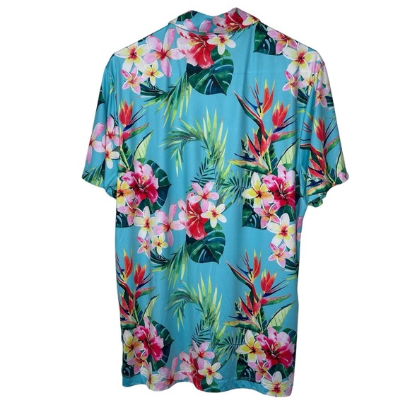Bad Birdie Tropics Hawaiian Floral Golf Polo Shirt Mens Medium Teal Plumeria - Picture 3 of 7